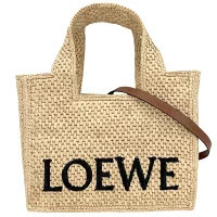 Loewe Font Tote Bag Shoulder Handbag Crossbody Basket Raffia Leather Beige